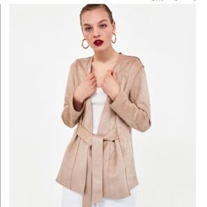 Zara Basic - Faux Suede Tie Front Cardigan Jacket Blazer